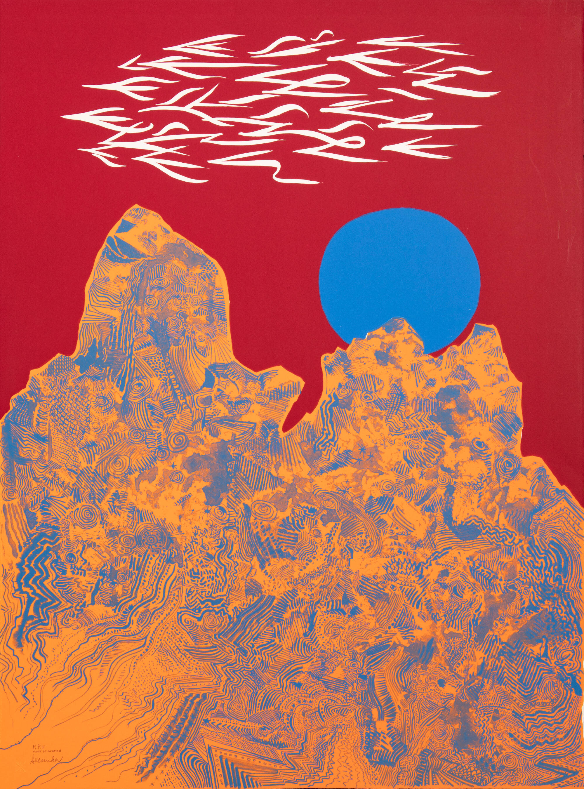 Print of a colorful, semi-abstract mountain scene with orange mountains, a blue moon, and white birds against a bright red background.